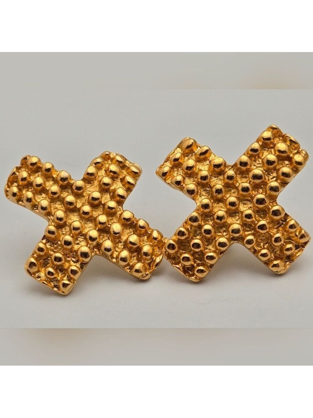 Cross Stud Earrings Gold Tone Beaded Statement Design Textured Vintage Fashion